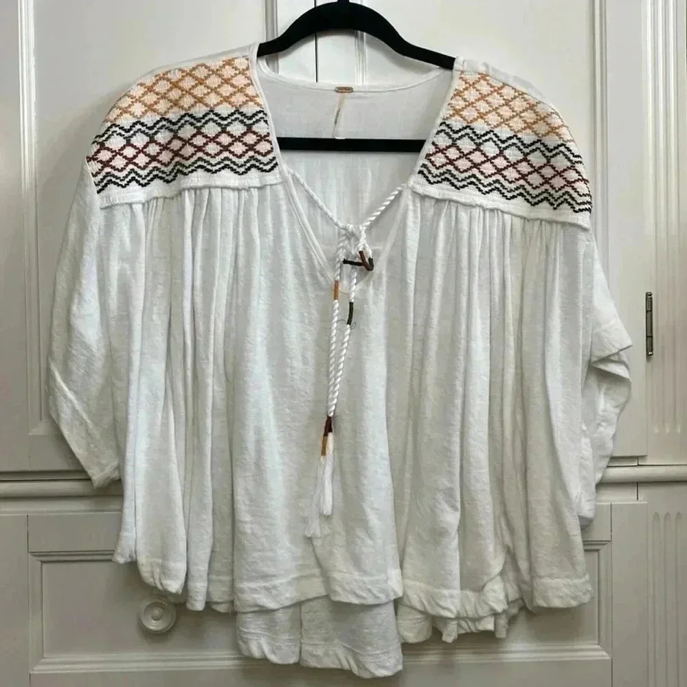 Free People  Embroidered White Market Tee